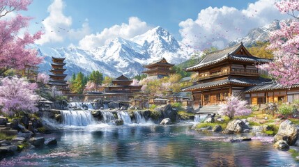 Naklejka premium Serene Japanese Landscape with Cherry Blossoms and Mountains