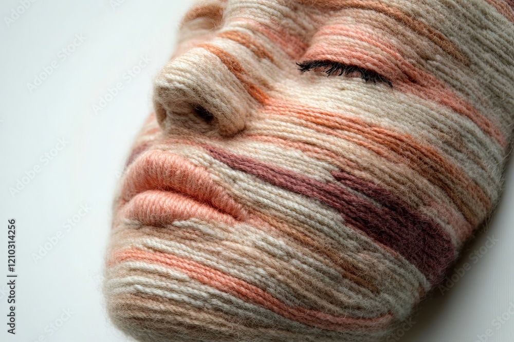 Poster an artistic representation of a female figure with a face covered in soft yarn, highlighting texture