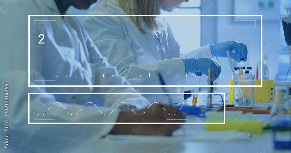 Poster image of data processing over diverse scientists in laboratory