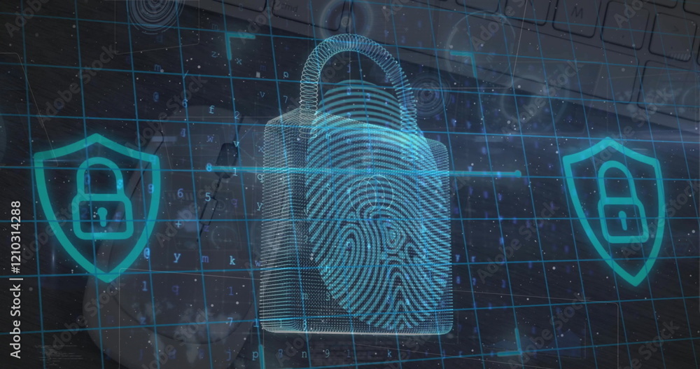Poster image of padlock and data processing over circuit board