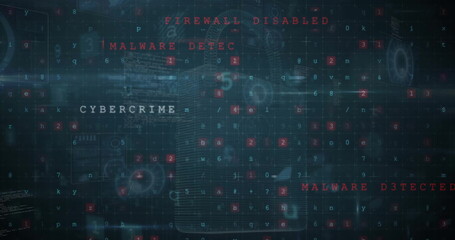 Image of virus warning, padlock and data processing over dark background