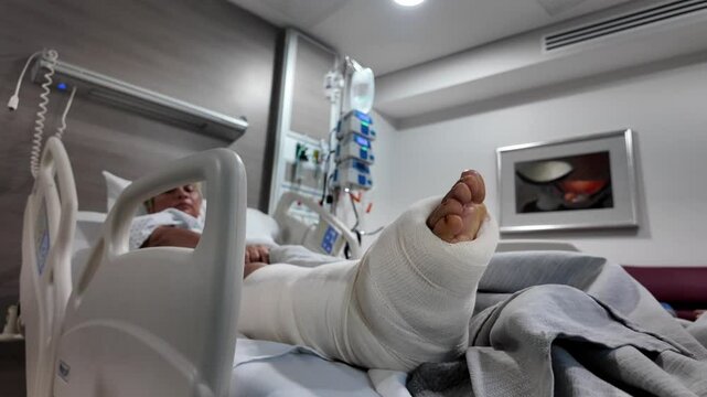 A woman in a hospital bed with a cast on her leg