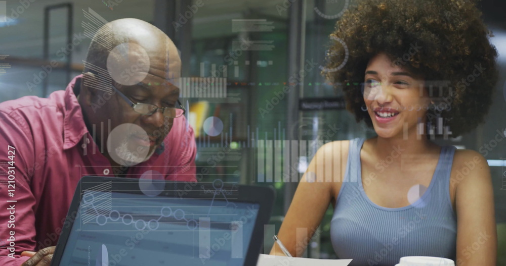 Poster image of data processing and diagrams over diverse colleagues talking in office