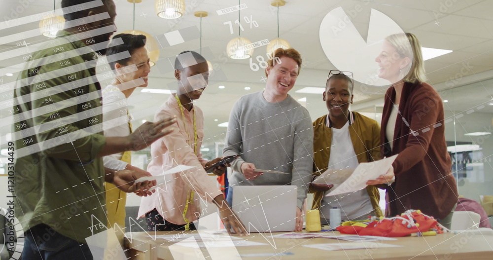 Aufkleber image of data processing and diagrams over diverse colleagues talking in office