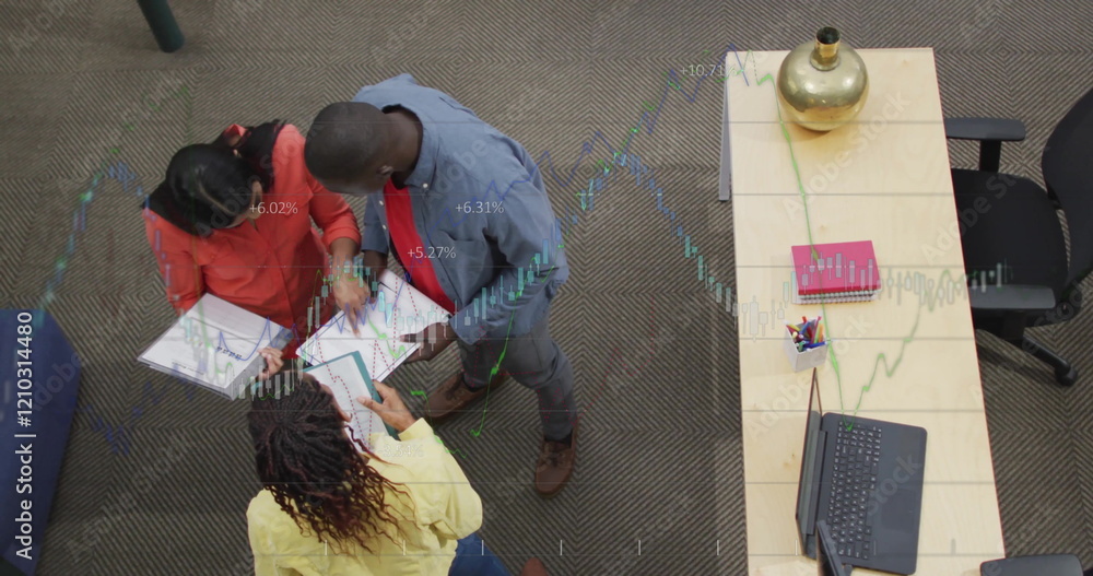 Poster image of data processing and diagrams over diverse colleagues talking in office