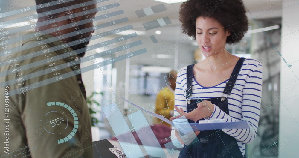Poster image of data processing and diagrams over diverse colleagues talking in office