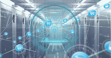 Image of cyber security text, connections with shopping trolley icons over computer servers