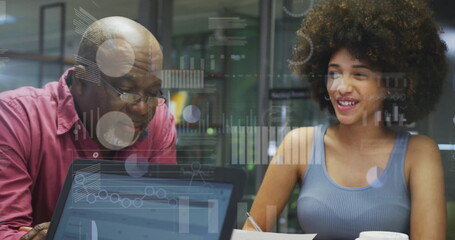 Image of data processing and diagrams over diverse colleagues talking in office