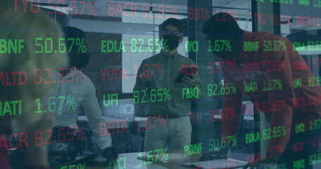 Image of financial data processing over diverse business people in office