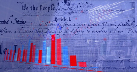 Image of diagrams and text of document over cityscape