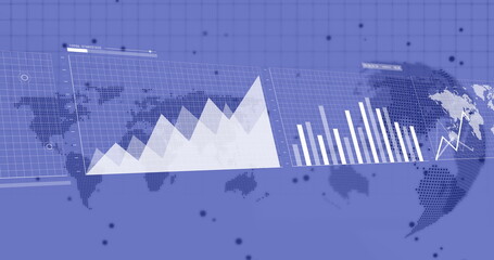 Image of financial data processing over world map and globe