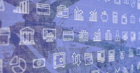 Fototapeta premium Image of business icons over caucasian male soldier with rifle