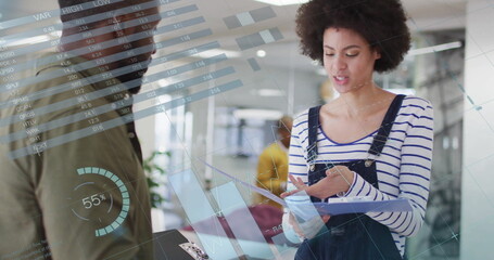 Image of data processing and diagrams over diverse colleagues talking in office