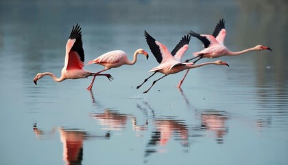 Flamingos in Flight Over Calm Water