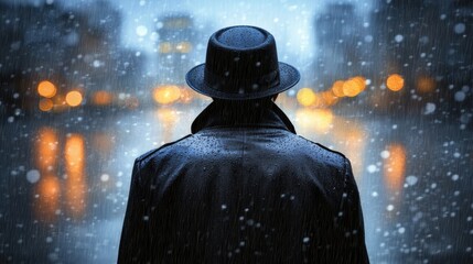 Mysterious Figure in Black Coat and Hat Walking in Snowy Night