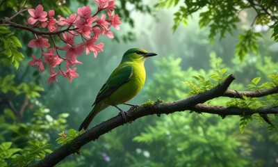 Fototapeta premium Bird perched on a thin branch with lush green foliage in full bloom, blue and green colors, bird on branch