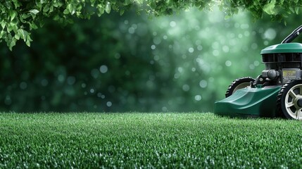 Detailed view of a lawn mower's engine and wheel resting on a vibrant green lawn during golden hour, perfect for marketing needs