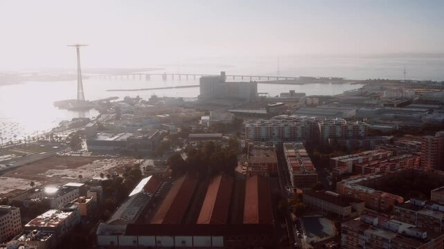Cadiz aerial shot beach and Bay of Cadiz Puerto Real or Pepa bridge Spain