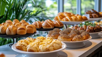 Assorted Freshly Baked Pastries on Display in Bright Cafe Setting