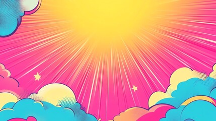 A comic book, cartoon style illustration of a sunrise with an explosion of sunbeams and colorful clouds
