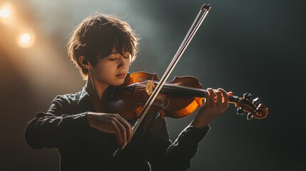 Fototapeta premium WIDE young aspiring musician playing violin on a stage of a large venue. Shot with 2x anamorphic lens