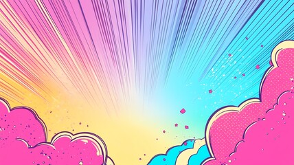A comic book, cartoon style illustration of a sunrise with an explosion of sunbeams and colorful clouds