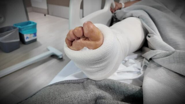 A foot with a cast on it is laying on a bed
