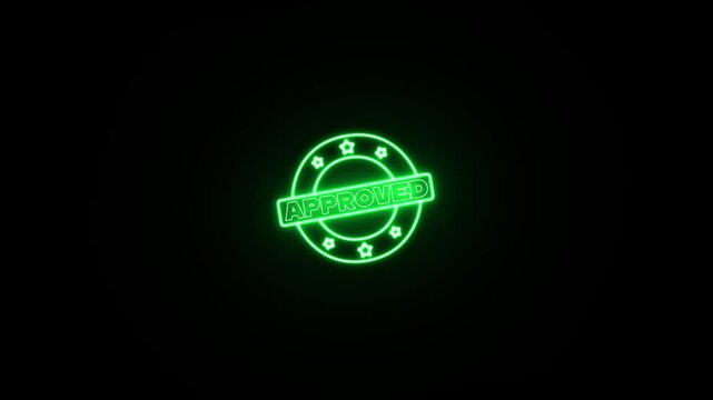 Neon glowing Approved stamp animation on the black background. Rubber stamp with texture, motion graphics, animation, footage, 4K