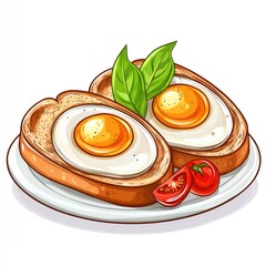 Fried eggs on toast with tomato, basil garnish. Breakfast food photography for menu, recipe, blog