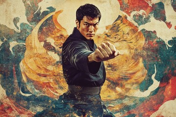 Obraz premium A man in a black jacket is punching a red fire