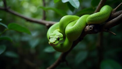 Green Tree Snake in Lush Rainforest Habitat