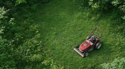 Fototapeta premium Detailed view of a lawn mower's engine and wheel resting on a vibrant green lawn during golden hour, perfect for marketing needs