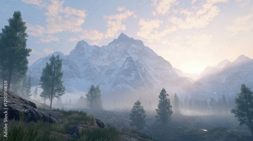 Poster a mountain range with a river and trees