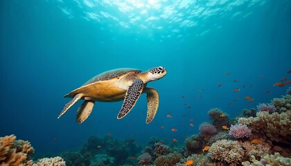 Green Sea Turtle Swimming in Vibrant Coral Reef