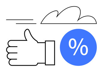 Thumbs-up gesture, percentage symbol in blue circle, and cloud graphic. Ideal for productivity, approval, discounts, efficiency, positive feedback financial rates weather forecast. Abstract line