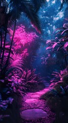 Fototapeta premium Enchanted Neon Jungle Path: A Dreamlike Night Walk