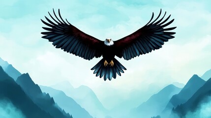 Obraz premium Majestic Eagle Soaring Above Serene Mountain Landscape in Flight
