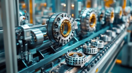 A factory scene showing ball bearings being manufactured on an assembly line, with machines, tools, and workers focused on quality control and precision