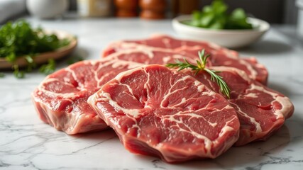 Fototapeta premium Close-up of raw beef steaks on a marble countertop, beef steaks, meat processing, marble countertop