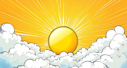 A comic book, cartoon style illustration of a sunrise with an explosion of sunbeams and white clouds