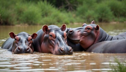 Fototapeta premium Hippopotamus Family in River Peaceful Wildlife Scene