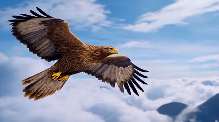 Fototapeta premium Majestic Eagle Soaring Above Clouds and Scenic Sky Background