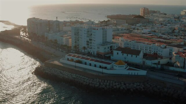 Cadiz aerial shot beach and Bay of Cadiz Puerto Real or Pepa bridge Spain