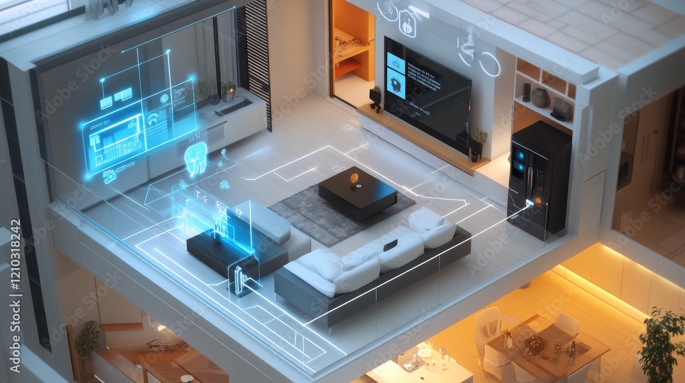 Poster 3d blueprint plan of smart home with icons iot devices. smart home conceptual banner. building house