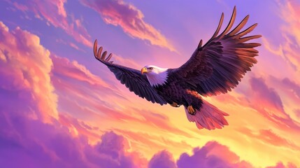 Obraz premium Majestic Eagle Soaring Through Colorful Sunset Sky with Clouds