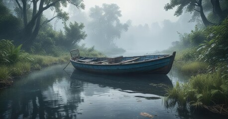 Blue misty river with a weathered wooden boat and overgrown vegetation, weathered wooden boat, riverside, calmness