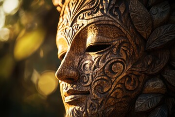 A detailed wooden mask, intricately carved with nature-inspired motifs, in soft sunlight