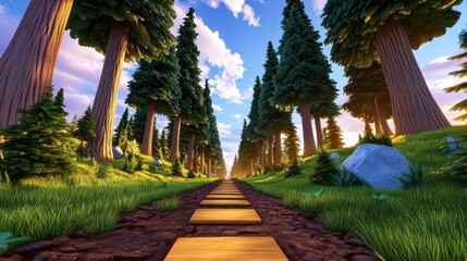 Obraz premium Scenic Forest Pathway Surrounded by Lush Green Trees and Sky