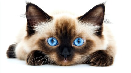 Adorable fluffy kitten with striking blue eyes resting on white background
