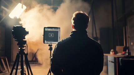 Fototapeta premium 67. A business owner standing in front of a camera, recording a marketing video for the company